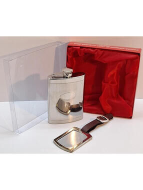 Stainless Steel Pocket Flask With Luggage Tag Set Diamond Pattern Engravable